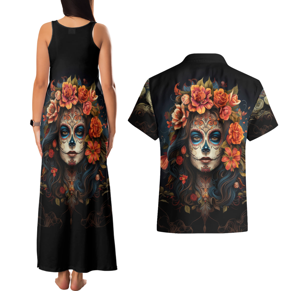 Day of Dead Lady Couples Matching Tank Maxi Dress and Hawaiian Shirt Sugar Skull Rose Lady - Wonder Print Shop