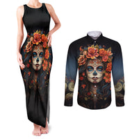 Day of Dead Lady Couples Matching Tank Maxi Dress and Long Sleeve Button Shirt Sugar Skull Rose Lady - Wonder Print Shop