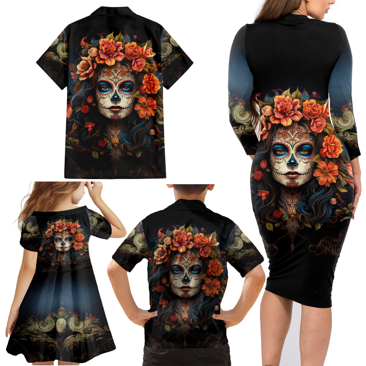 Day of Dead Lady Family Matching Long Sleeve Bodycon Dress and Hawaiian Shirt Sugar Skull Rose Lady - Wonder Print Shop