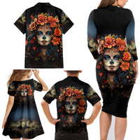 Day of Dead Lady Family Matching Long Sleeve Bodycon Dress and Hawaiian Shirt Sugar Skull Rose Lady - Wonder Print Shop