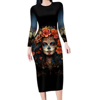 Day of Dead Lady Family Matching Long Sleeve Bodycon Dress and Hawaiian Shirt Sugar Skull Rose Lady - Wonder Print Shop