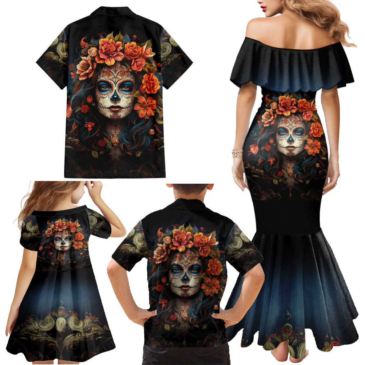 Day of Dead Lady Family Matching Mermaid Dress and Hawaiian Shirt Sugar Skull Rose Lady - Wonder Print Shop