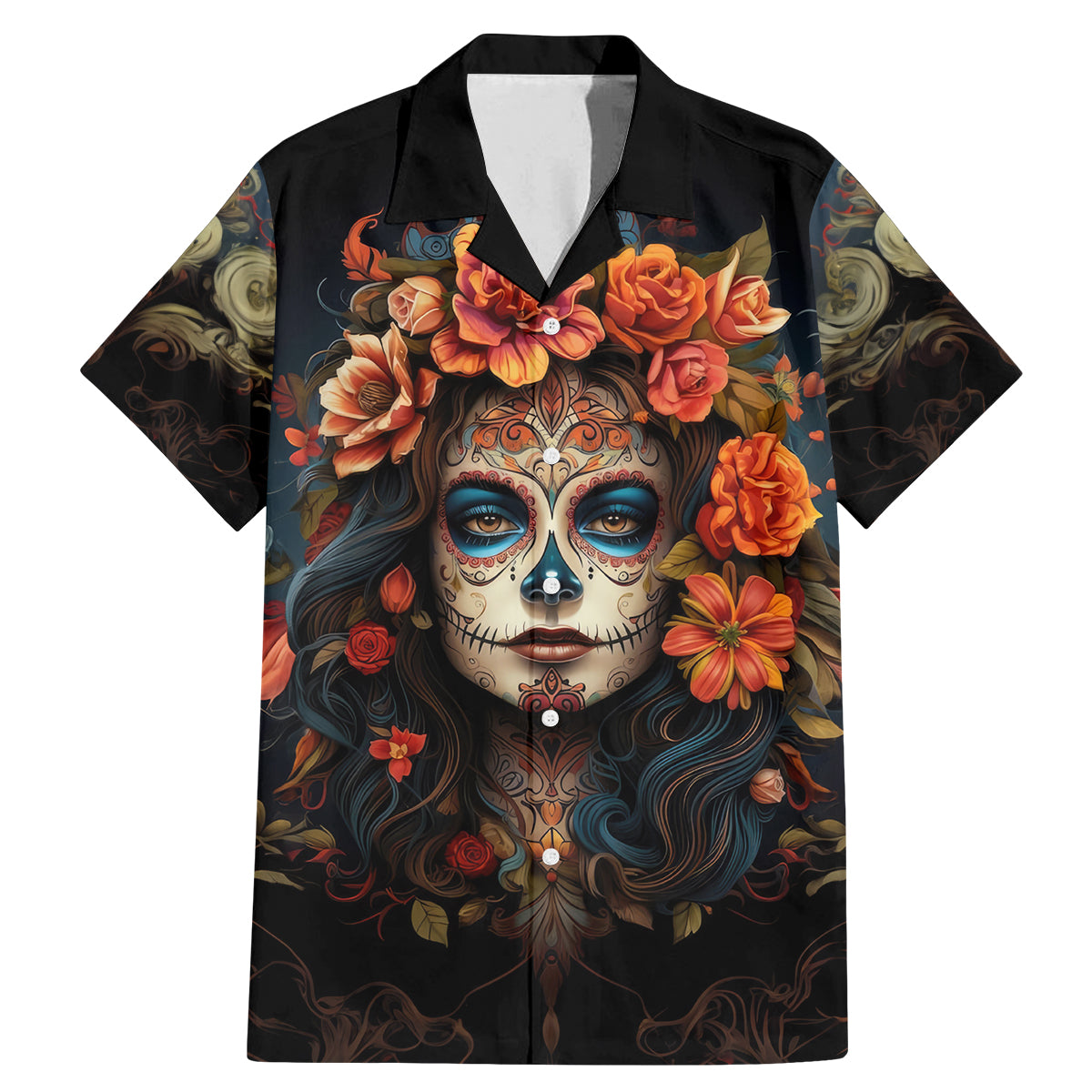 Day of Dead Lady Family Matching Mermaid Dress and Hawaiian Shirt Sugar Skull Rose Lady - Wonder Print Shop