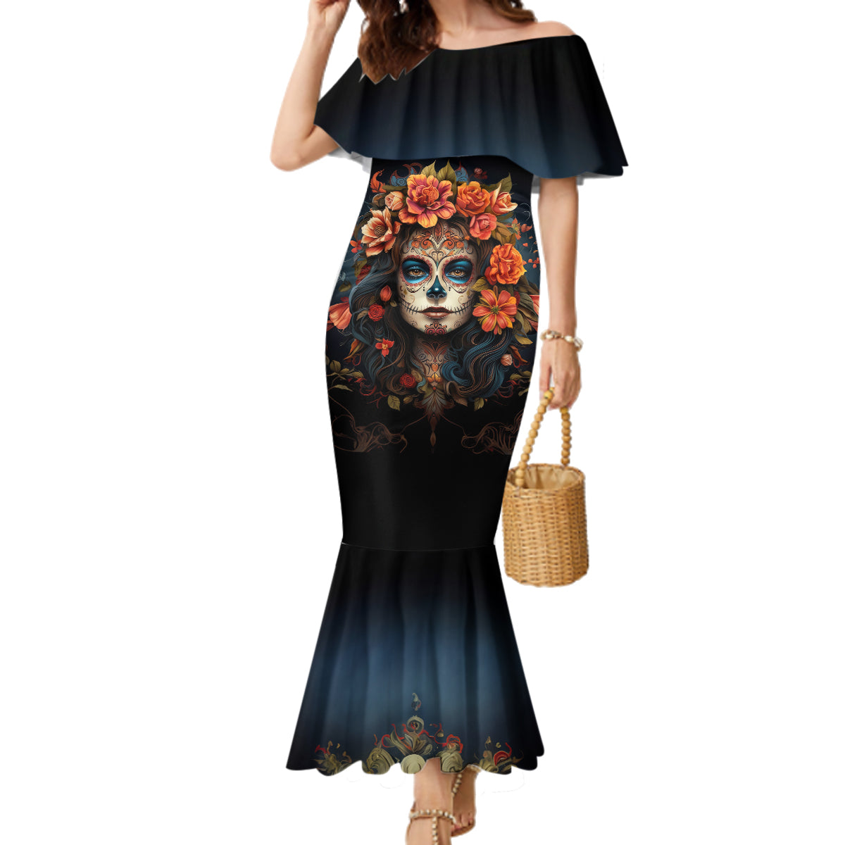 Day of Dead Lady Family Matching Mermaid Dress and Hawaiian Shirt Sugar Skull Rose Lady - Wonder Print Shop