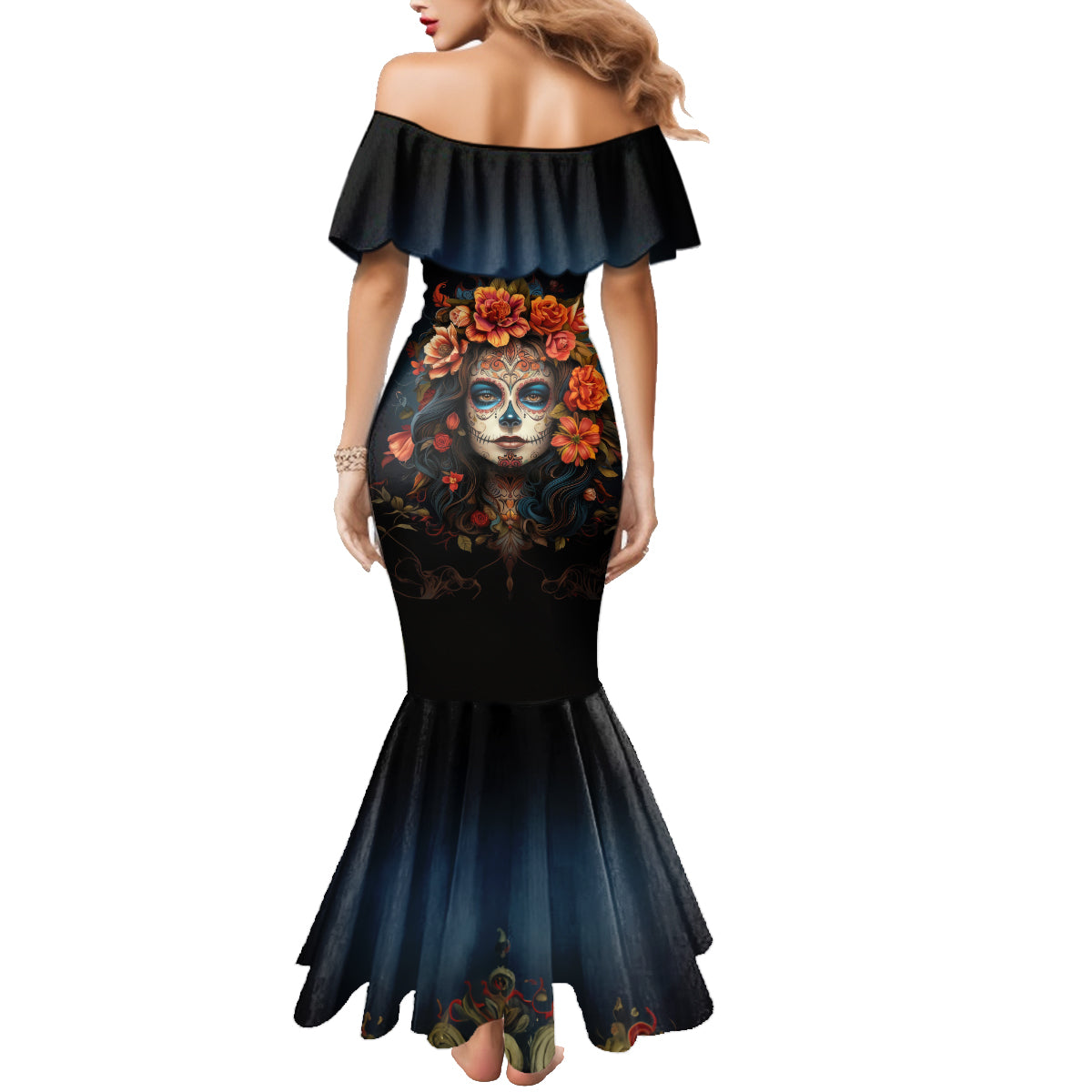 Day of Dead Lady Family Matching Mermaid Dress and Hawaiian Shirt Sugar Skull Rose Lady - Wonder Print Shop