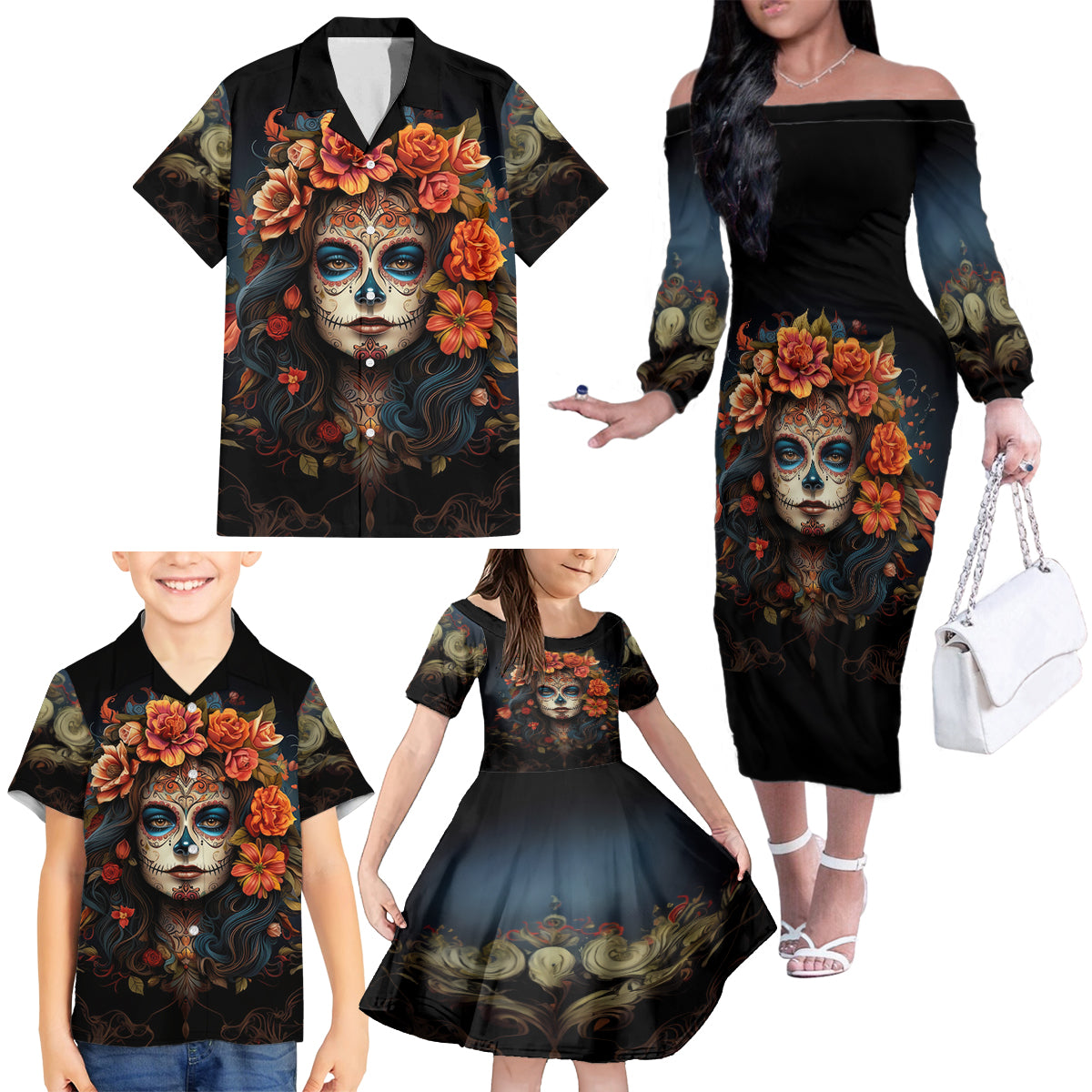 Day of Dead Lady Family Matching Off Shoulder Long Sleeve Dress and Hawaiian Shirt Sugar Skull Rose Lady - Wonder Print Shop