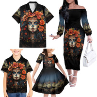 Day of Dead Lady Family Matching Off Shoulder Long Sleeve Dress and Hawaiian Shirt Sugar Skull Rose Lady - Wonder Print Shop
