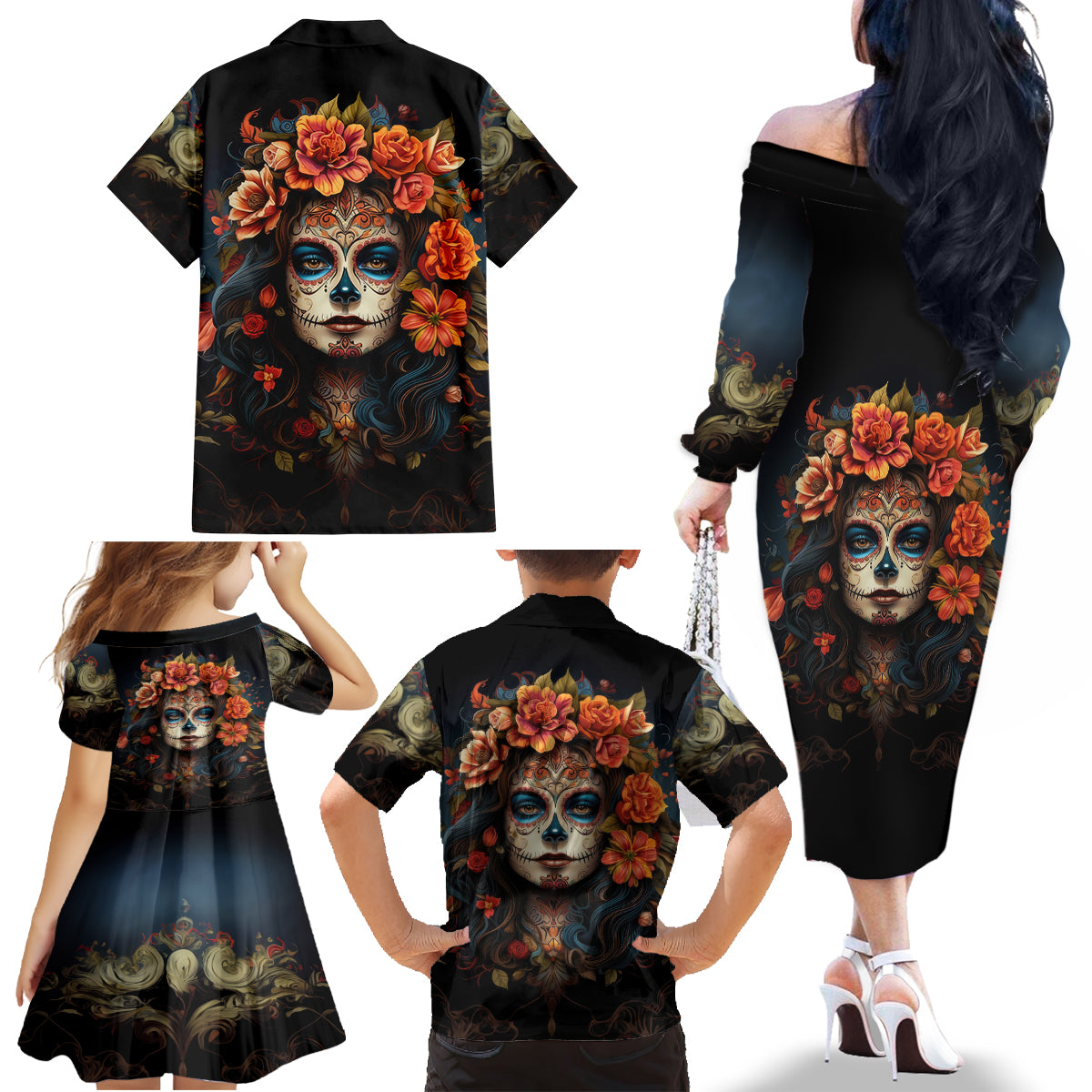 Day of Dead Lady Family Matching Off Shoulder Long Sleeve Dress and Hawaiian Shirt Sugar Skull Rose Lady - Wonder Print Shop