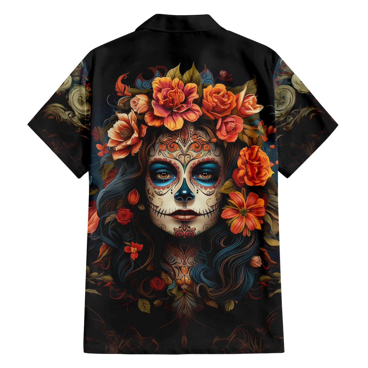 Day of Dead Lady Family Matching Off Shoulder Long Sleeve Dress and Hawaiian Shirt Sugar Skull Rose Lady - Wonder Print Shop