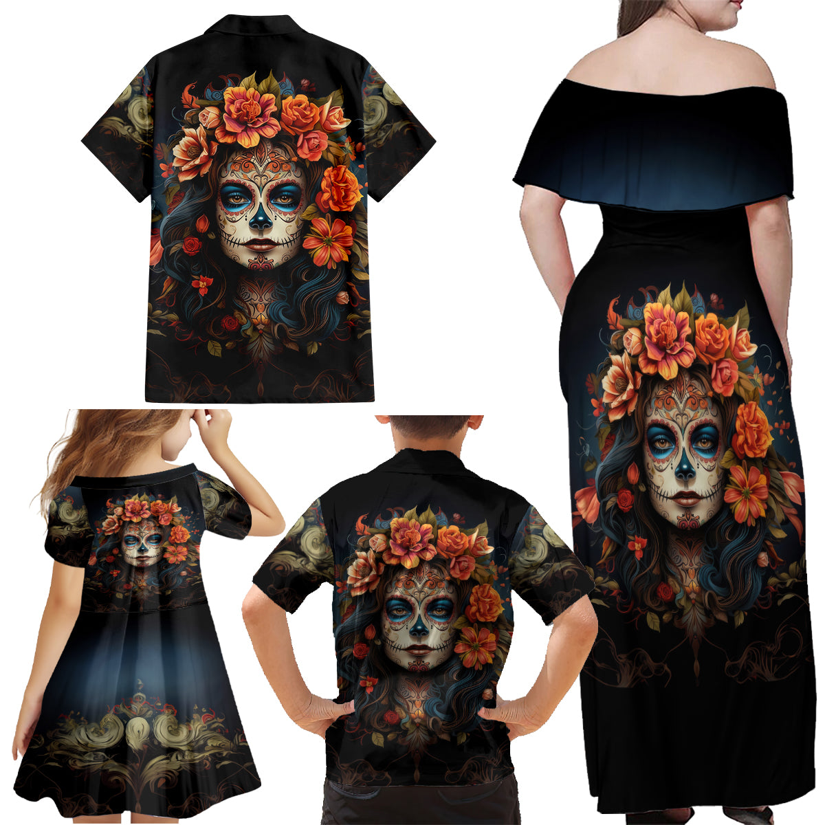 Day of Dead Lady Family Matching Off Shoulder Maxi Dress and Hawaiian Shirt Sugar Skull Rose Lady - Wonder Print Shop