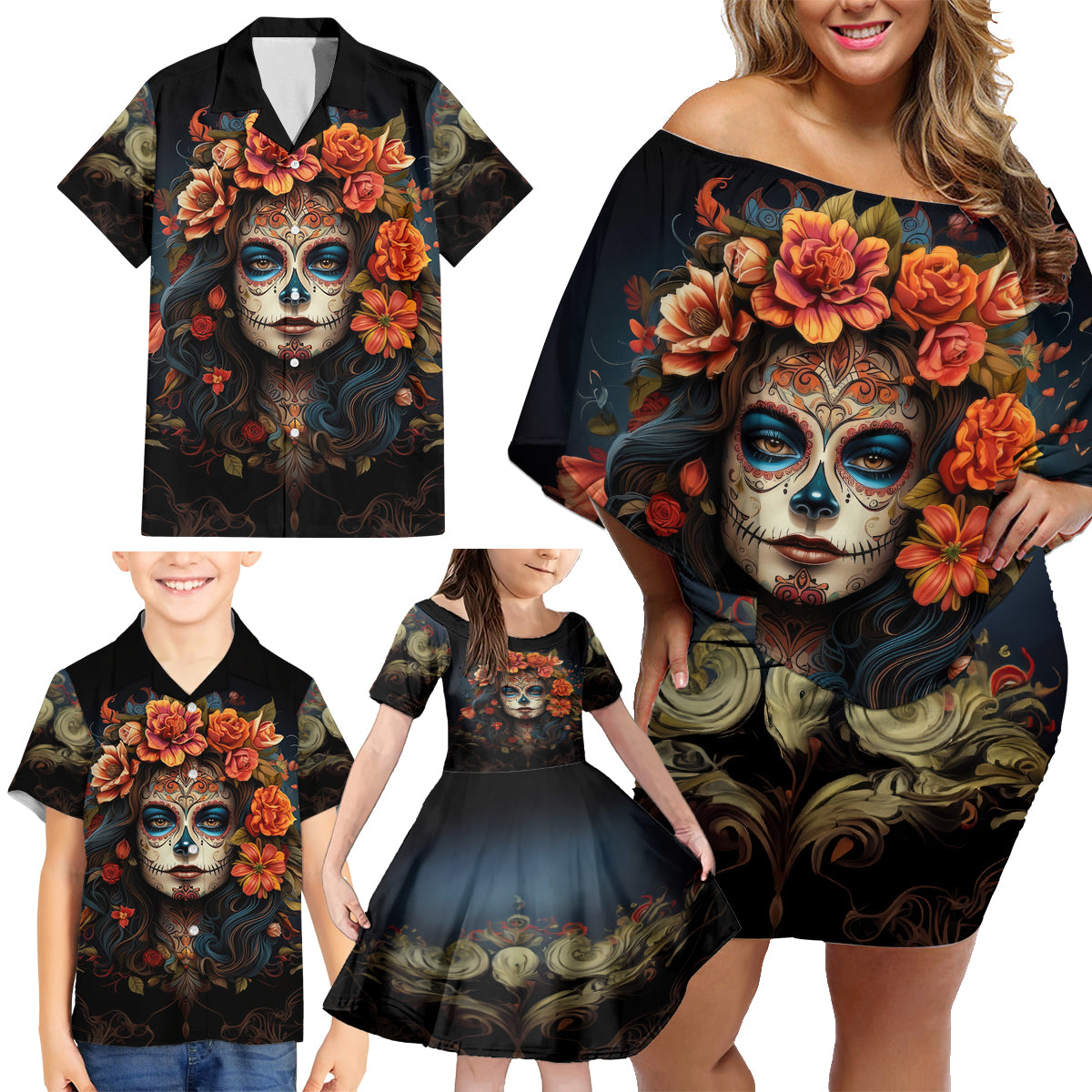 Day of Dead Lady Family Matching Off Shoulder Short Dress and Hawaiian Shirt Sugar Skull Rose Lady - Wonder Print Shop