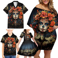 Day of Dead Lady Family Matching Off Shoulder Short Dress and Hawaiian Shirt Sugar Skull Rose Lady - Wonder Print Shop