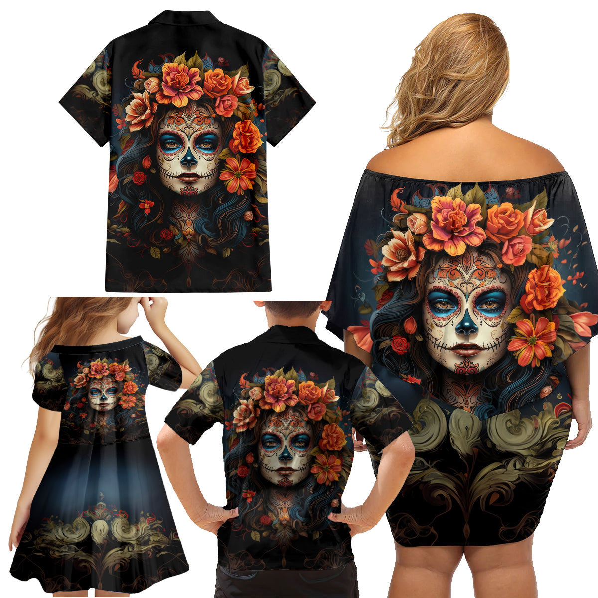 Day of Dead Lady Family Matching Off Shoulder Short Dress and Hawaiian Shirt Sugar Skull Rose Lady - Wonder Print Shop