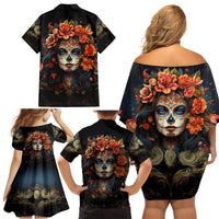 Day of Dead Lady Family Matching Off Shoulder Short Dress and Hawaiian Shirt Sugar Skull Rose Lady - Wonder Print Shop
