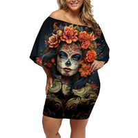 Day of Dead Lady Family Matching Off Shoulder Short Dress and Hawaiian Shirt Sugar Skull Rose Lady - Wonder Print Shop