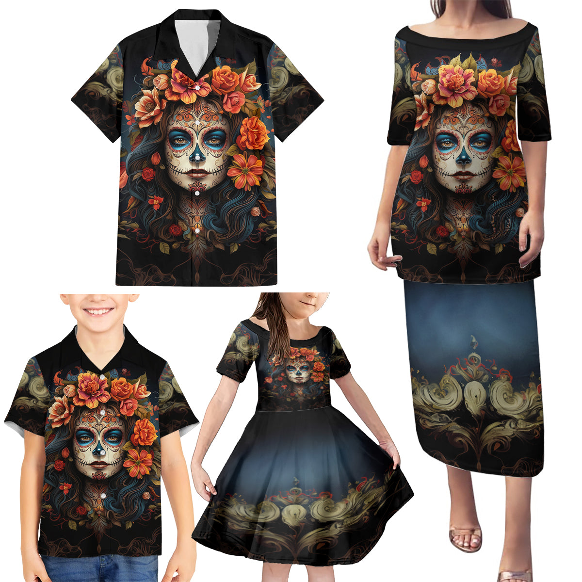 Day of Dead Lady Family Matching Puletasi Dress and Hawaiian Shirt Sugar Skull Rose Lady - Wonder Print Shop