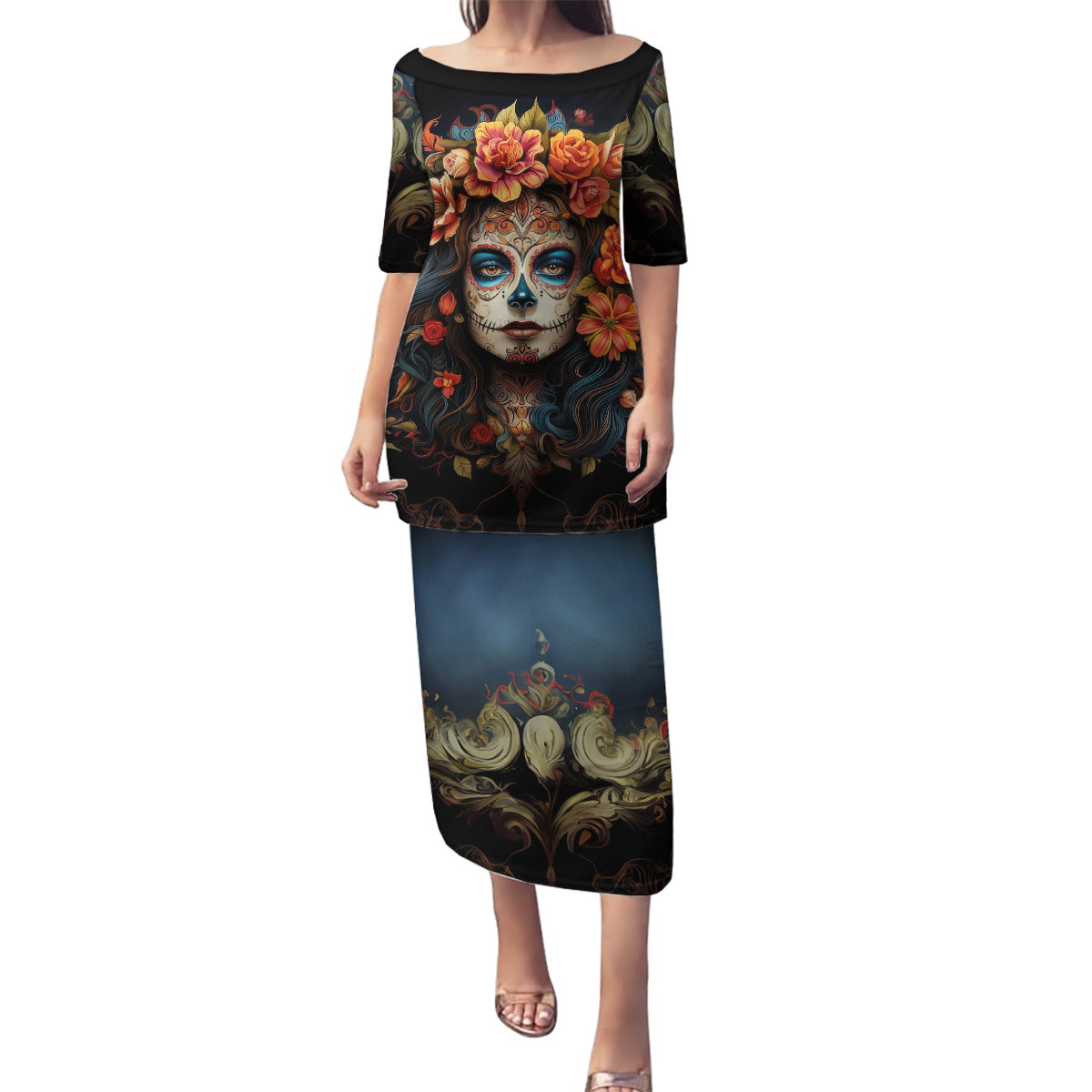 Day of Dead Lady Family Matching Puletasi Dress and Hawaiian Shirt Sugar Skull Rose Lady - Wonder Print Shop