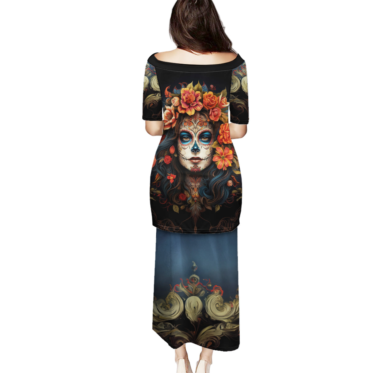 Day of Dead Lady Family Matching Puletasi Dress and Hawaiian Shirt Sugar Skull Rose Lady - Wonder Print Shop