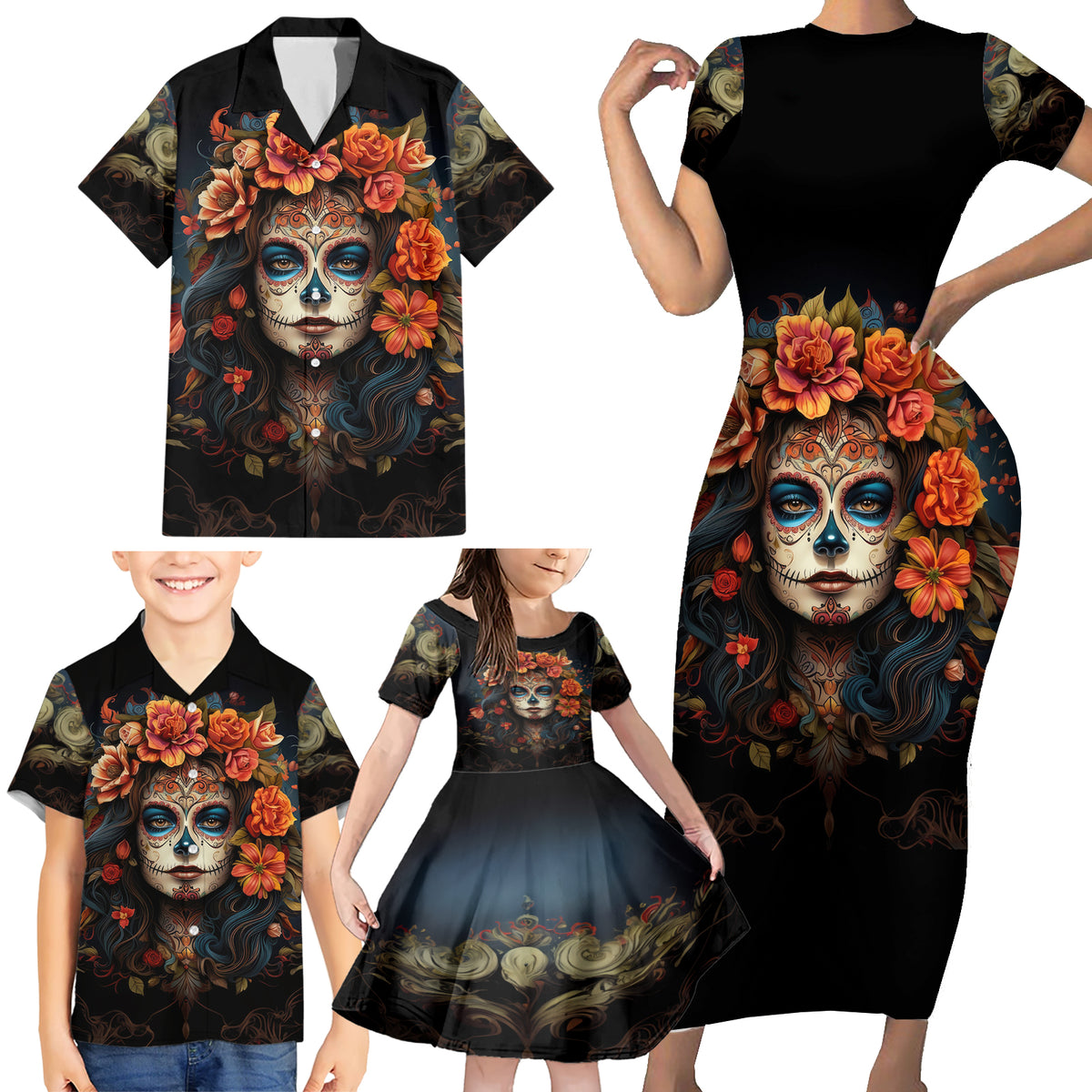 Day of Dead Lady Family Matching Short Sleeve Bodycon Dress and Hawaiian Shirt Sugar Skull Rose Lady - Wonder Print Shop
