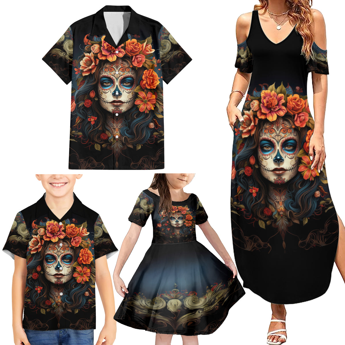 Day of Dead Lady Family Matching Summer Maxi Dress and Hawaiian Shirt Sugar Skull Rose Lady - Wonder Print Shop