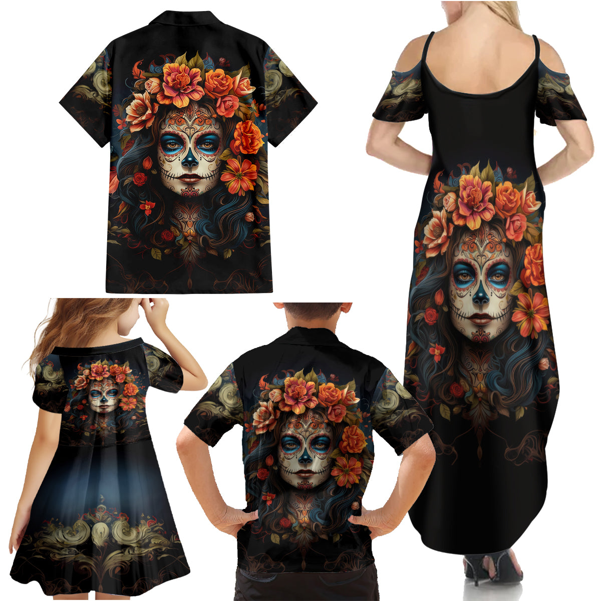 Day of Dead Lady Family Matching Summer Maxi Dress and Hawaiian Shirt Sugar Skull Rose Lady - Wonder Print Shop