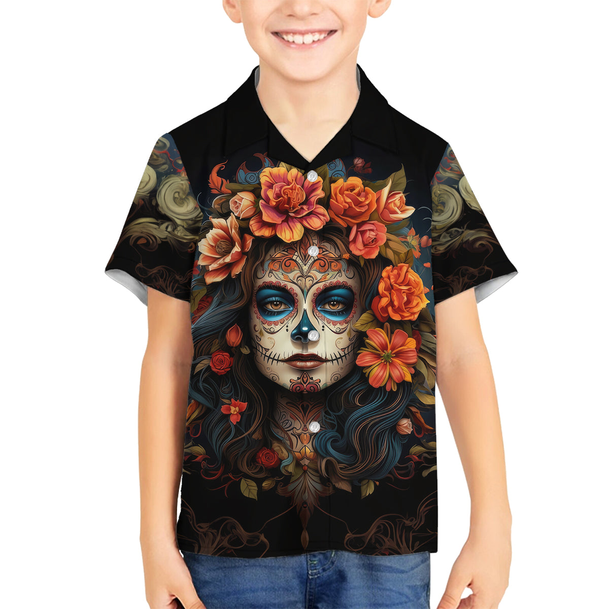 Day of Dead Lady Family Matching Summer Maxi Dress and Hawaiian Shirt Sugar Skull Rose Lady - Wonder Print Shop