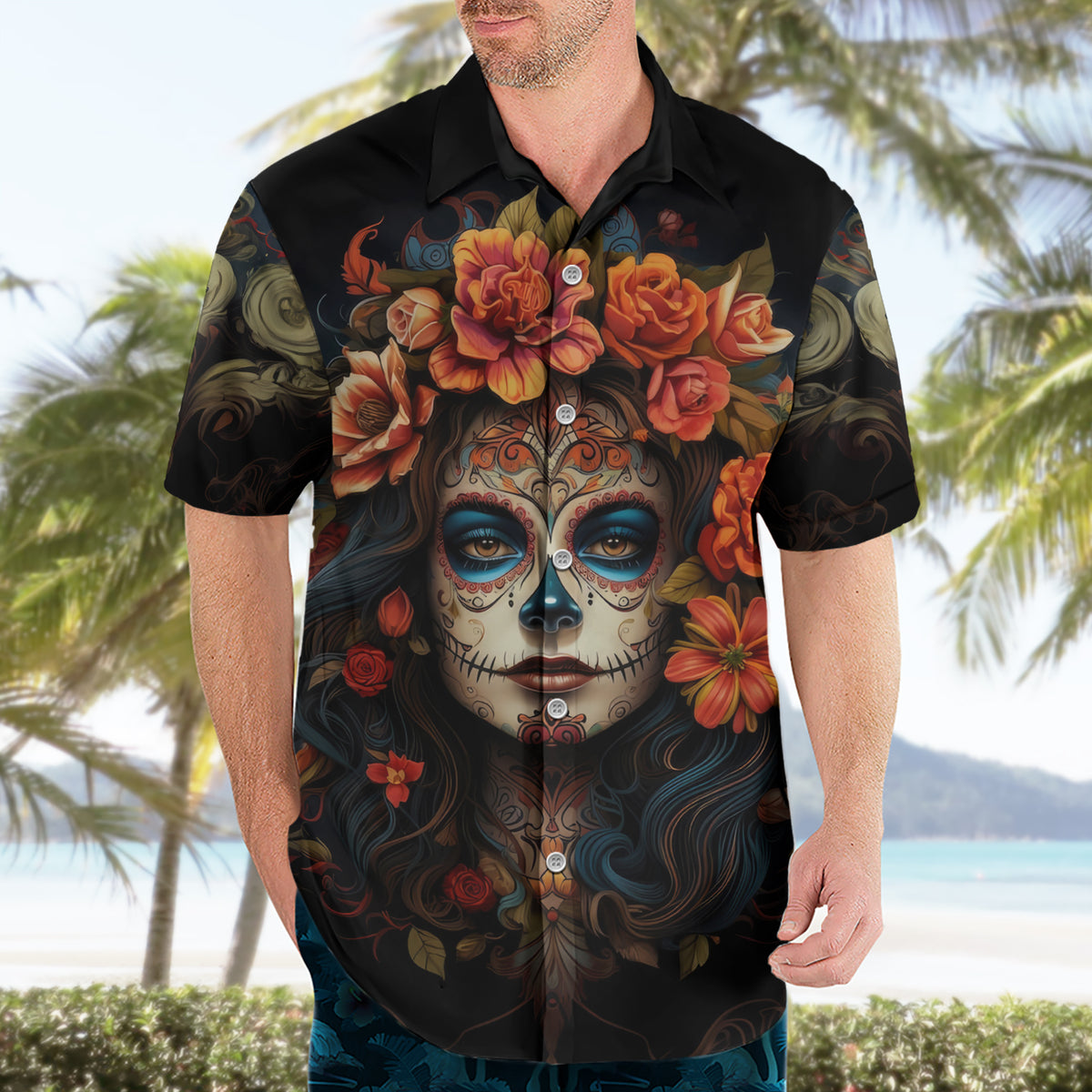 Day of Dead Lady Hawaiian Shirt Sugar Skull Rose Lady - Wonder Print Shop