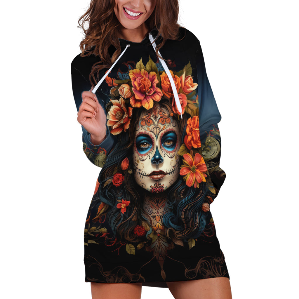 Day of Dead Lady Hoodie Dress Sugar Skull Rose Lady - Wonder Print Shop
