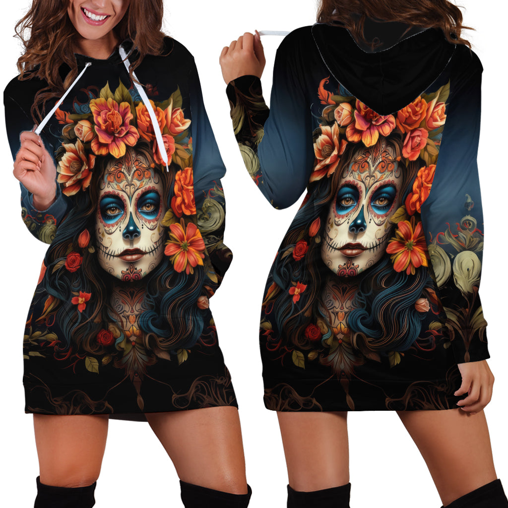 Day of Dead Lady Hoodie Dress Sugar Skull Rose Lady - Wonder Print Shop