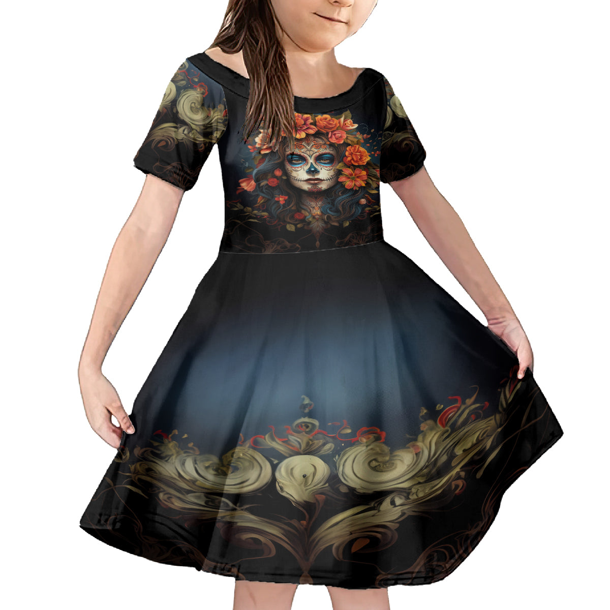 Day of Dead Lady Kid Short Sleeve Dress Sugar Skull Rose Lady - Wonder Print Shop