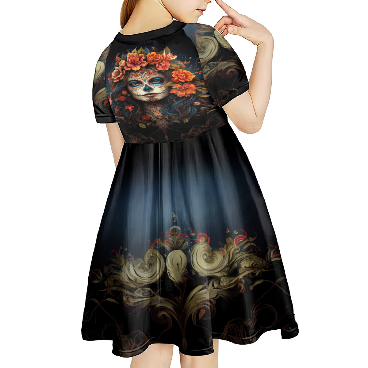 Day of Dead Lady Kid Short Sleeve Dress Sugar Skull Rose Lady - Wonder Print Shop