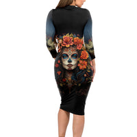 Day of Dead Lady Long Sleeve Bodycon Dress Sugar Skull Rose Lady - Wonder Print Shop