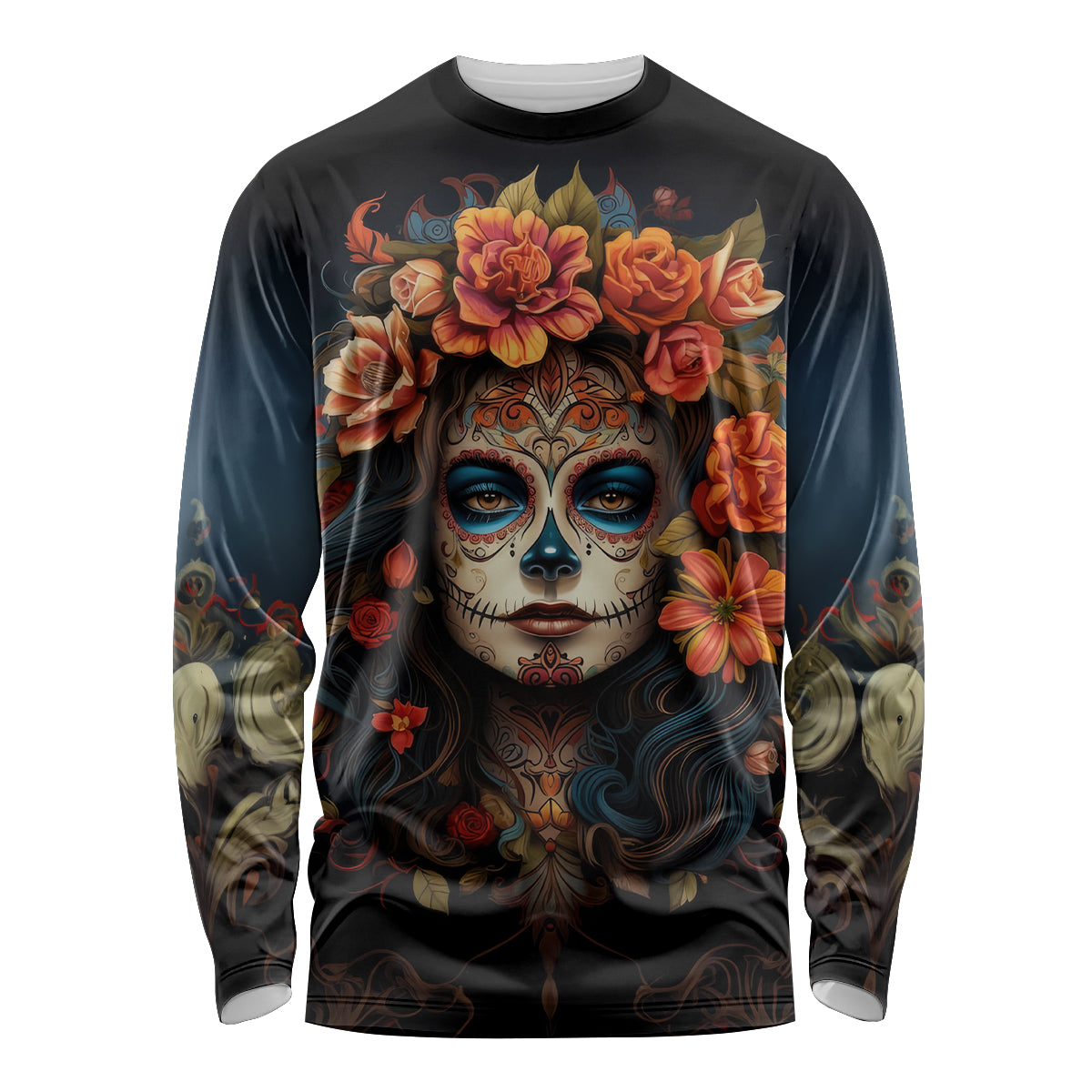 Day of Dead Lady Long Sleeve Shirt Sugar Skull Rose Lady - Wonder Print Shop