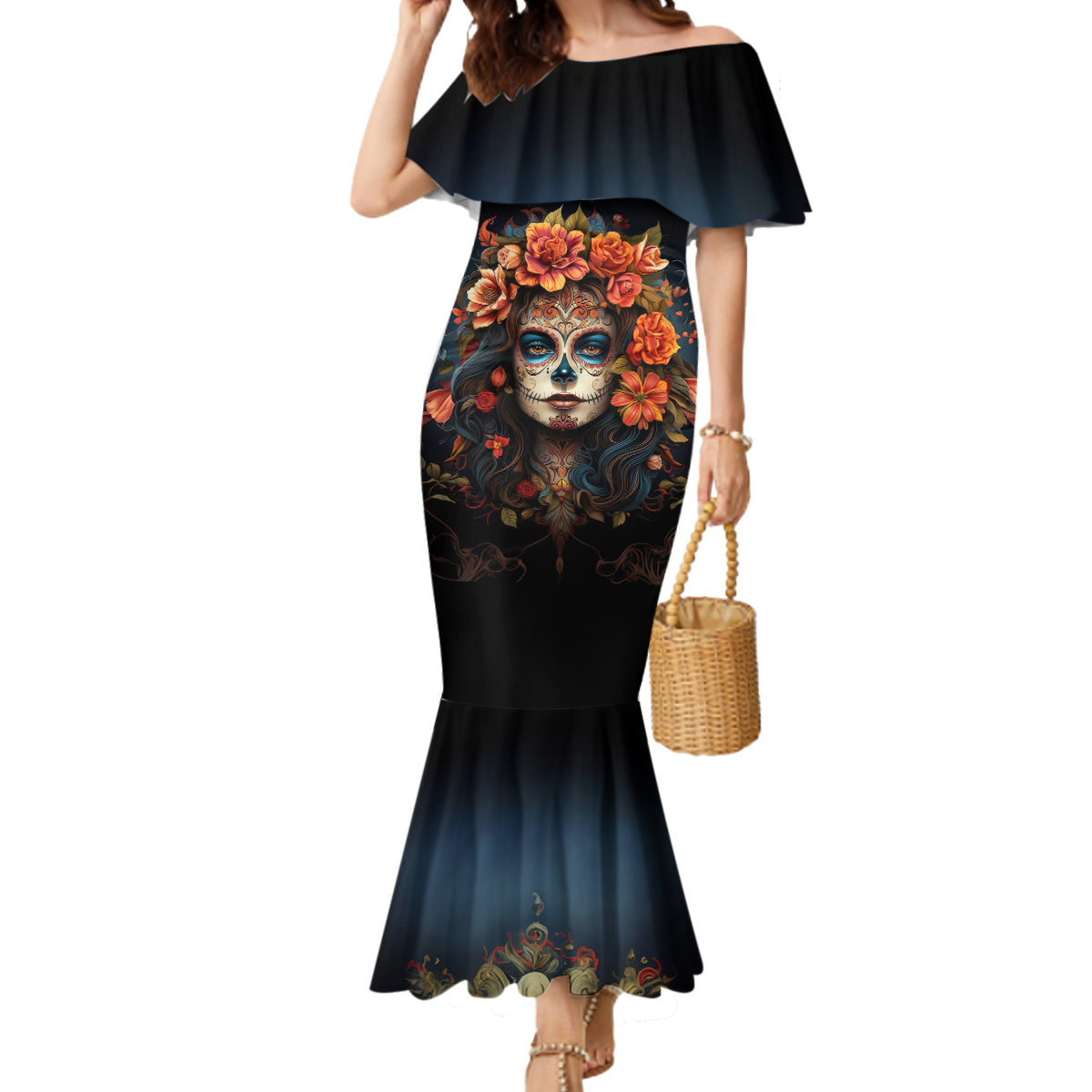 Day of Dead Lady Mermaid Dress Sugar Skull Rose Lady - Wonder Print Shop