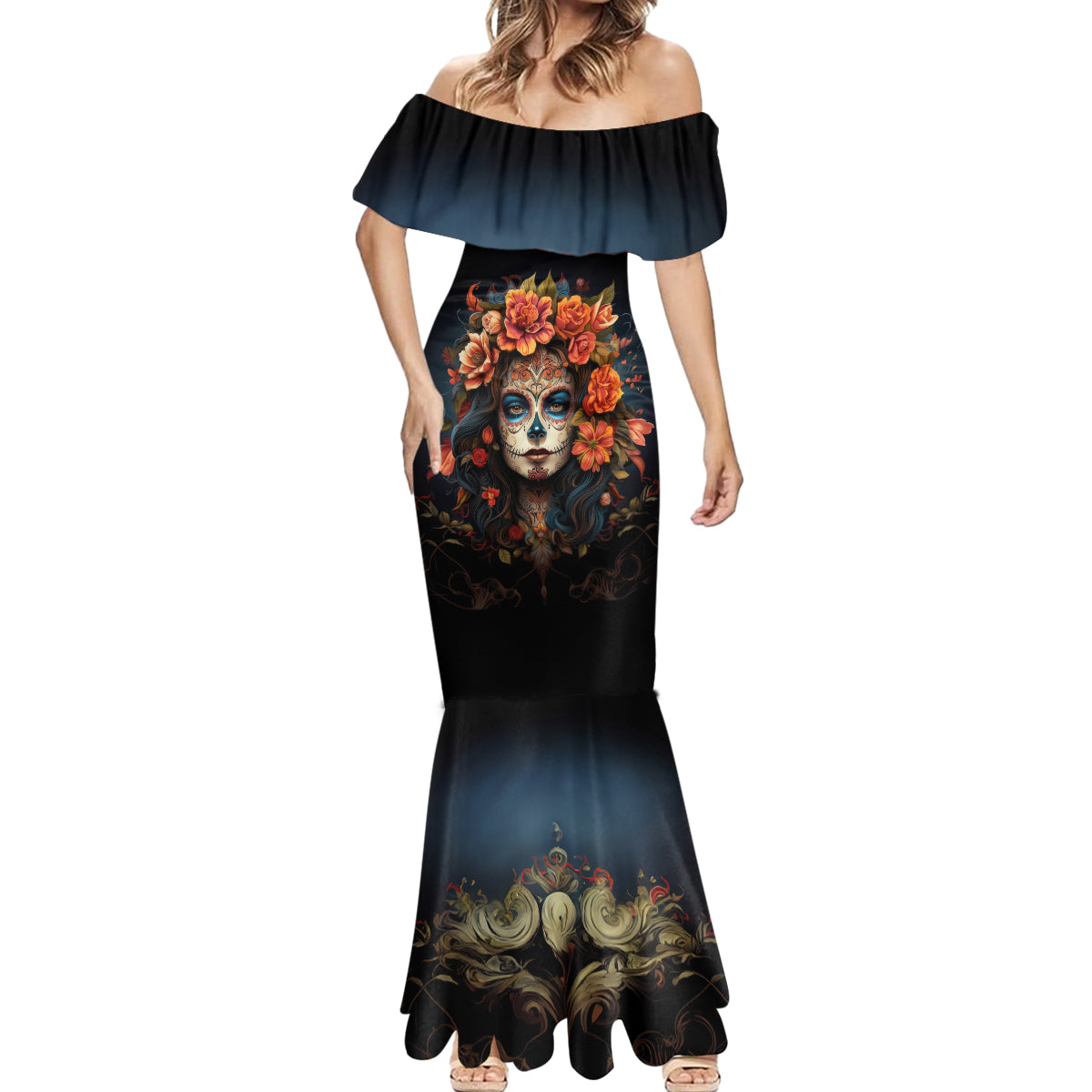 Day of Dead Lady Mermaid Dress Sugar Skull Rose Lady - Wonder Print Shop
