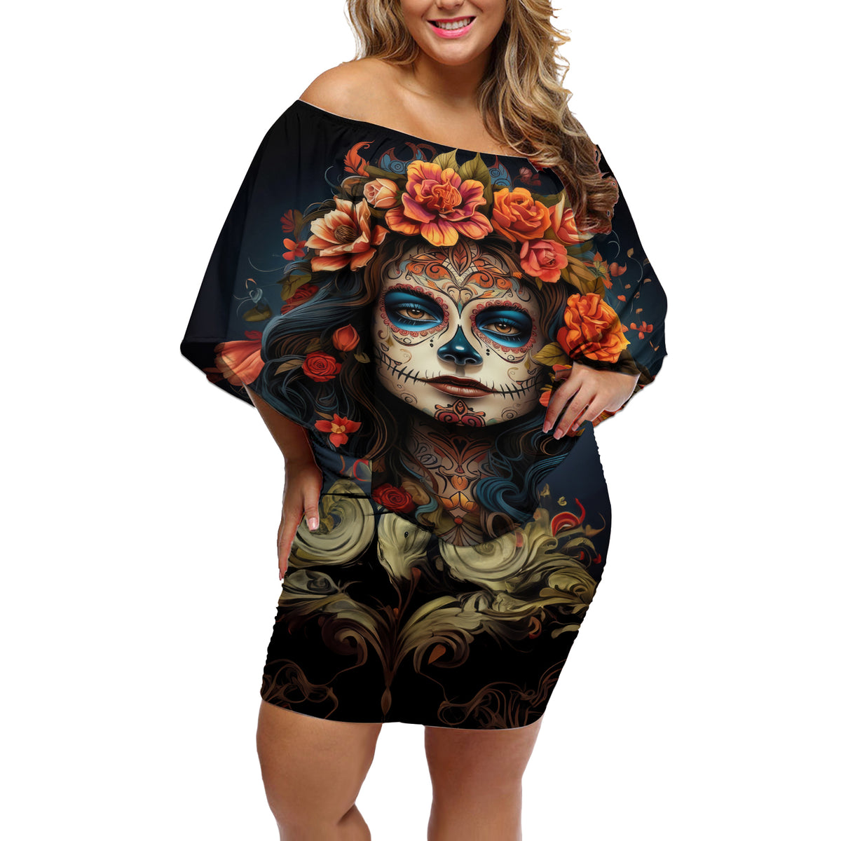 Day of Dead Lady Off Shoulder Short Dress Sugar Skull Rose Lady - Wonder Print Shop