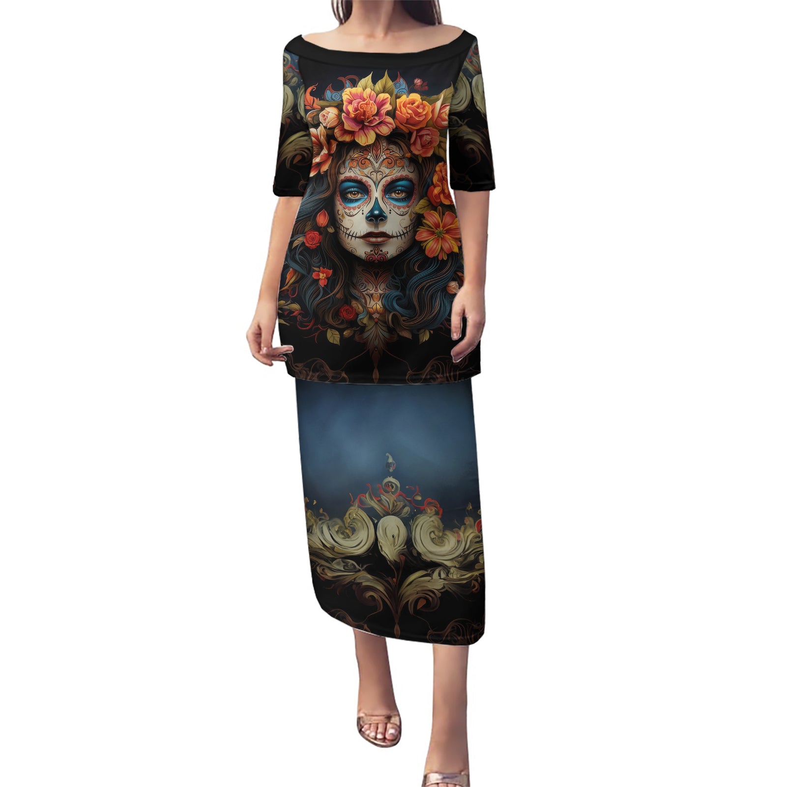Day of Dead Lady Puletasi Sugar Skull Rose Lady - Wonder Print Shop