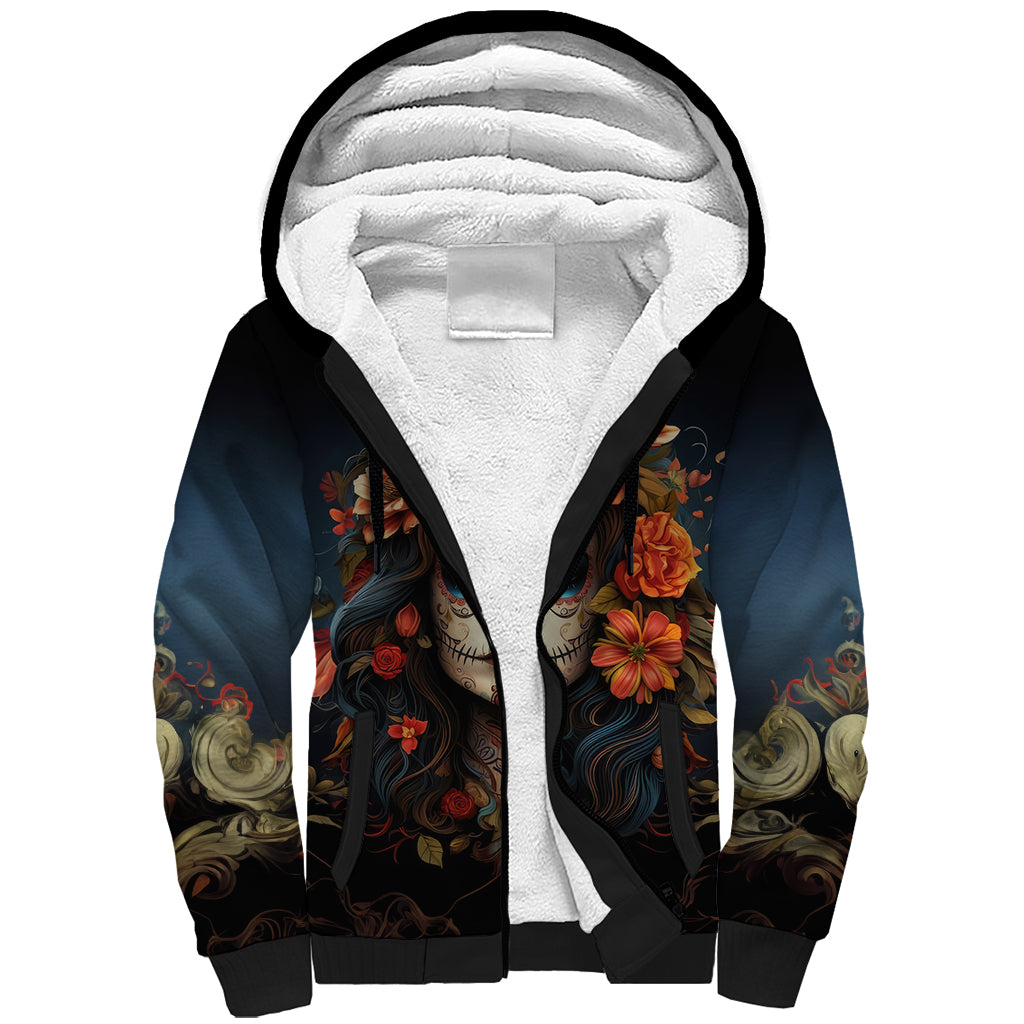 Day of Dead Lady Sherpa Hoodie Sugar Skull Rose Lady - Wonder Print Shop