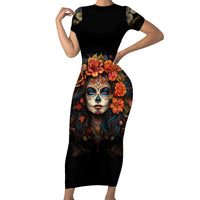 Day of Dead Lady Short Sleeve Bodycon Dress Sugar Skull Rose Lady - Wonder Print Shop