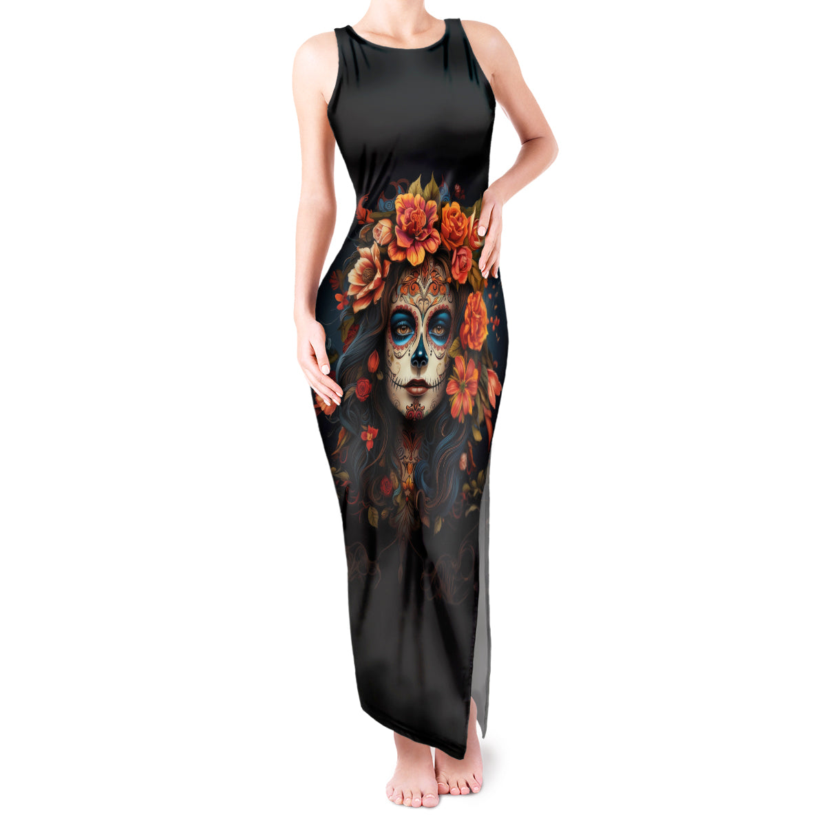 Day of Dead Lady Tank Maxi Dress Sugar Skull Rose Lady - Wonder Print Shop