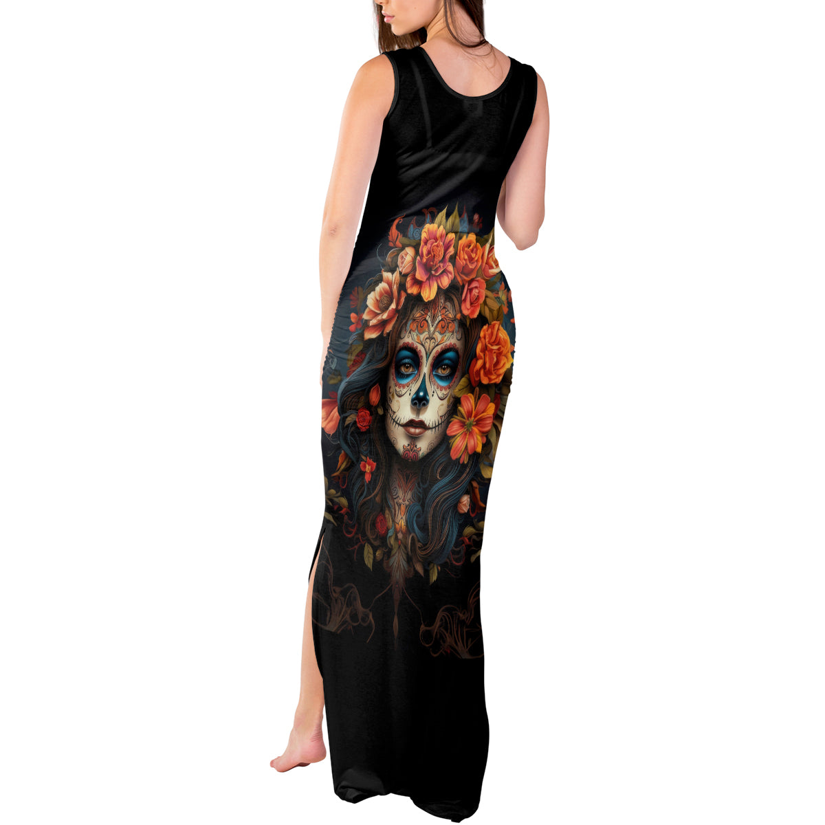 Day of Dead Lady Tank Maxi Dress Sugar Skull Rose Lady - Wonder Print Shop