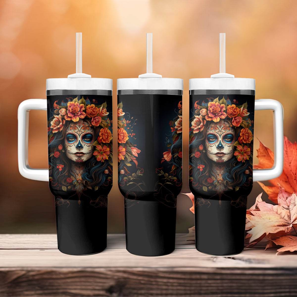 Day of Dead Lady Tumbler With Handle Sugar Skull Rose Lady - Wonder Print Shop
