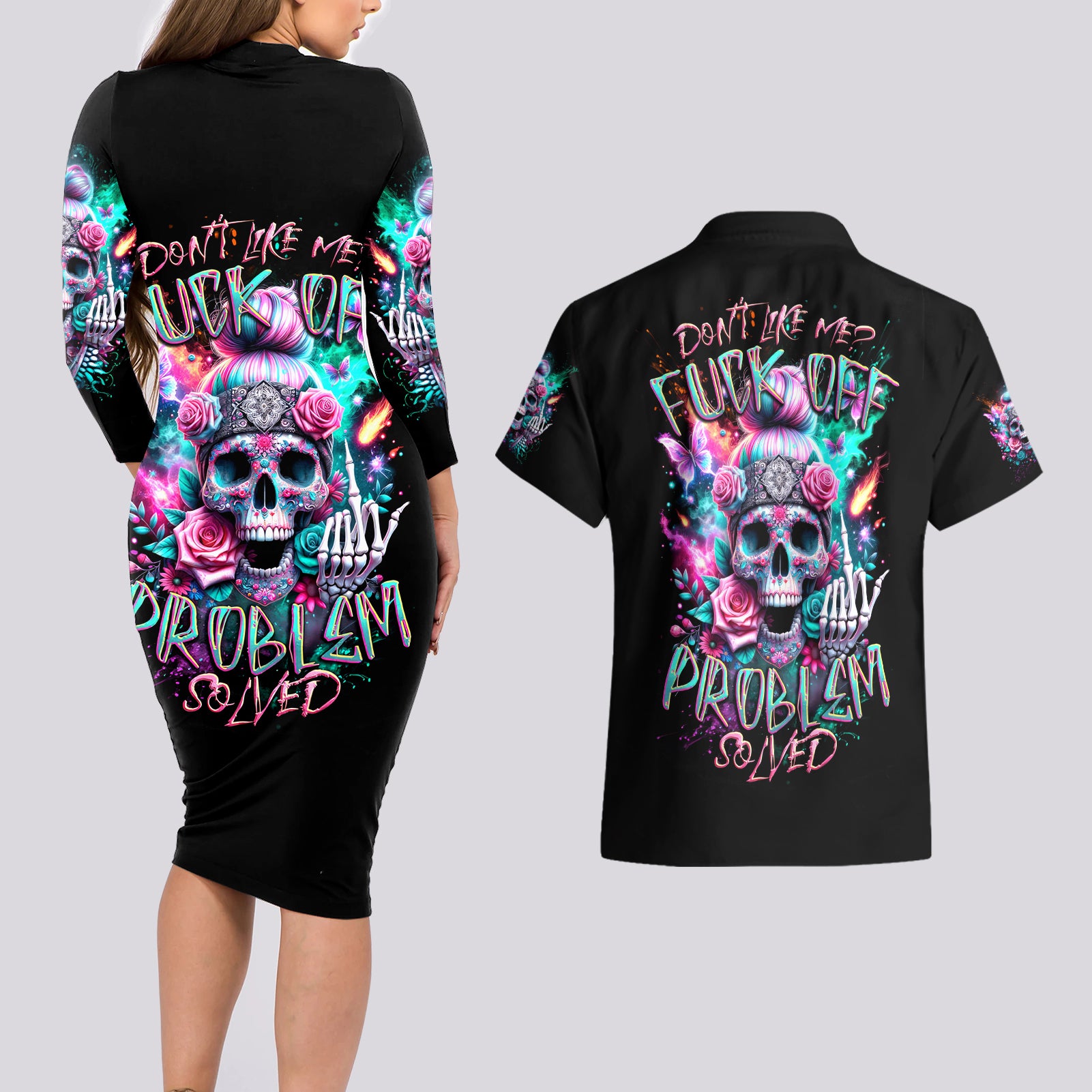 Rose Skull Couples Matching Long Sleeve Bodycon Dress and Hawaiian Shirt Fuck Off Problem Solved - Wonder Print Shop