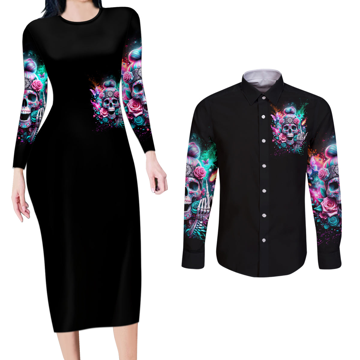 Rose Skull Couples Matching Long Sleeve Bodycon Dress and Long Sleeve Button Shirt Fuck Off Problem Solved - Wonder Print Shop