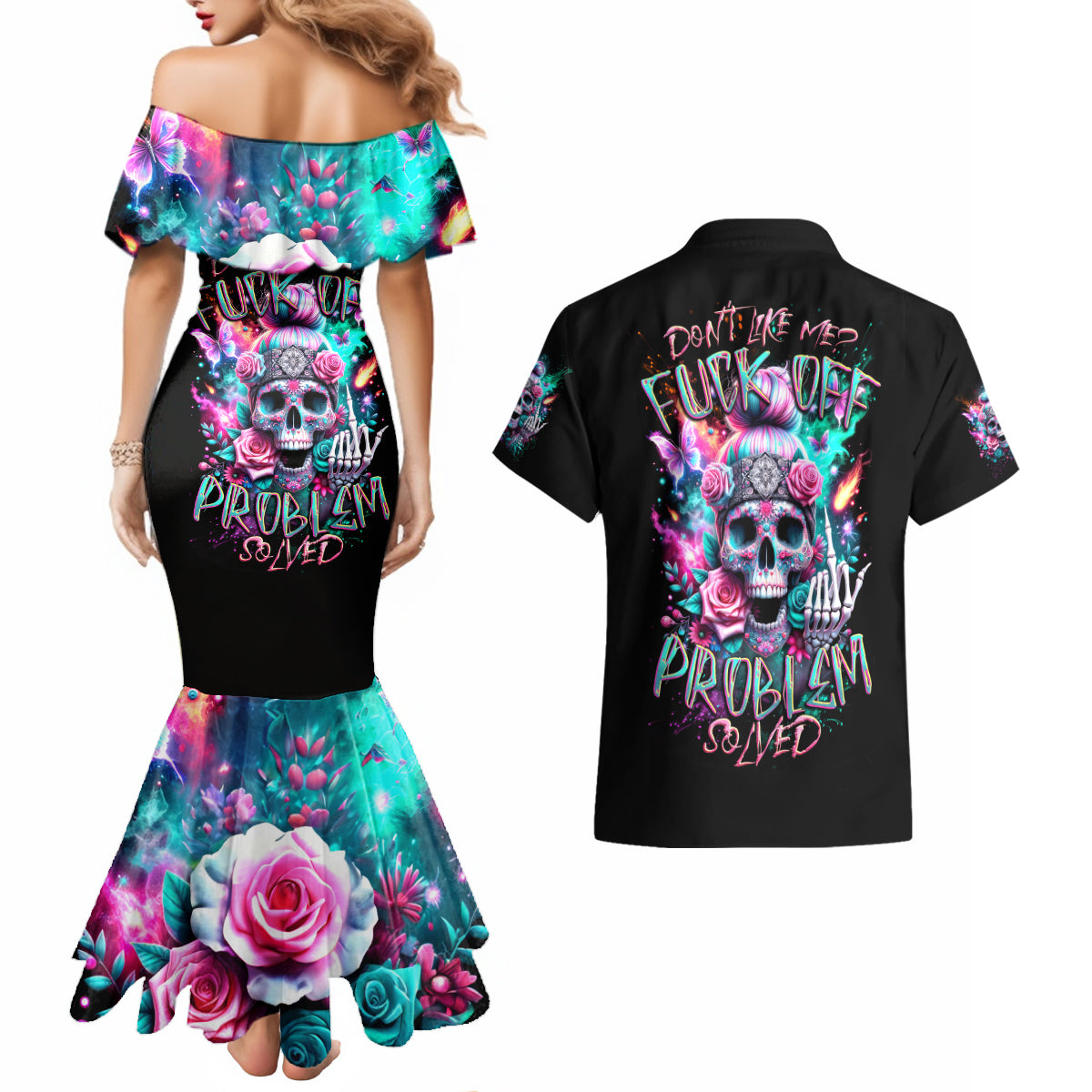 Rose Skull Couples Matching Mermaid Dress and Hawaiian Shirt Fuck Off Problem Solved - Wonder Print Shop