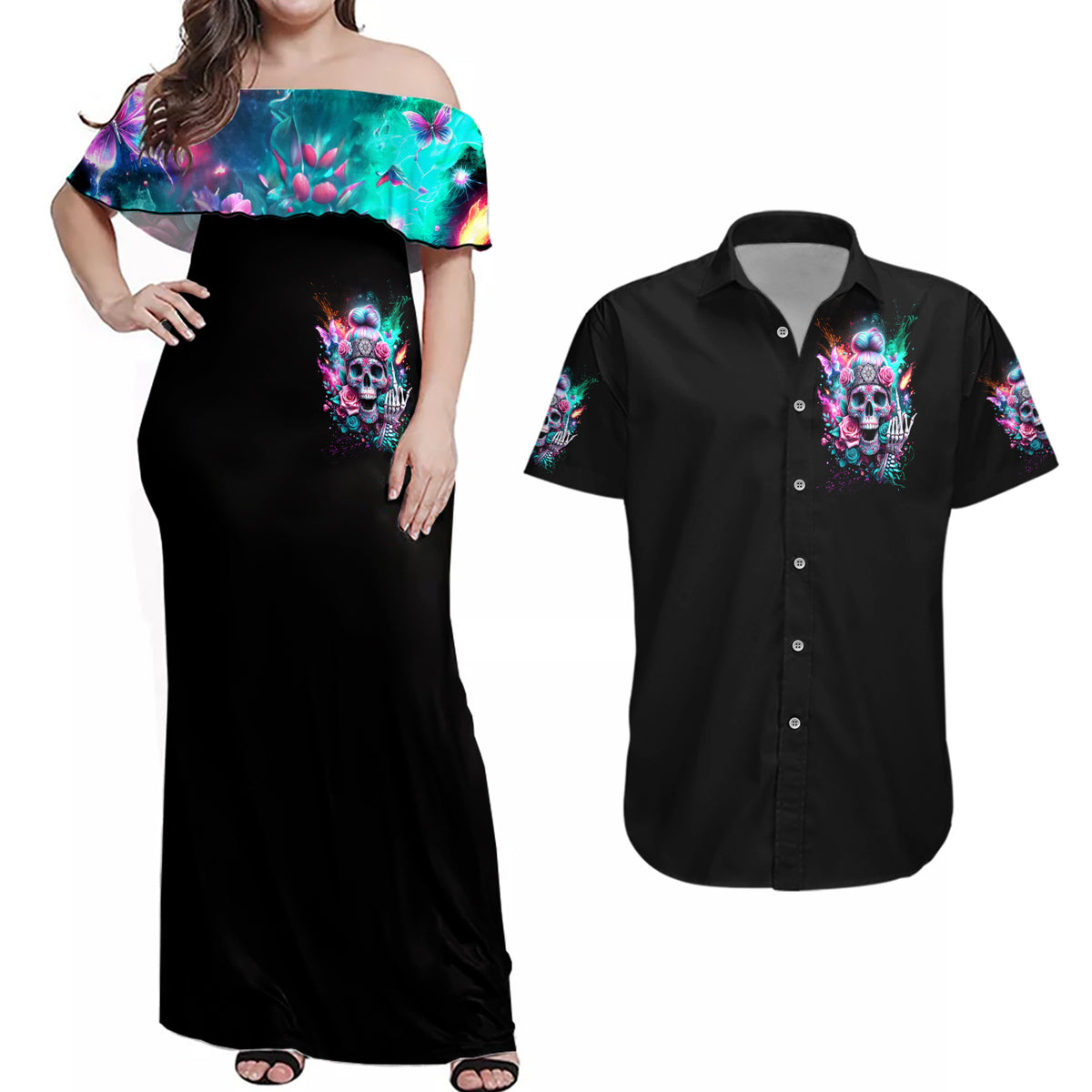 Rose Skull Couples Matching Off Shoulder Maxi Dress and Hawaiian Shirt Fuck Off Problem Solved - Wonder Print Shop