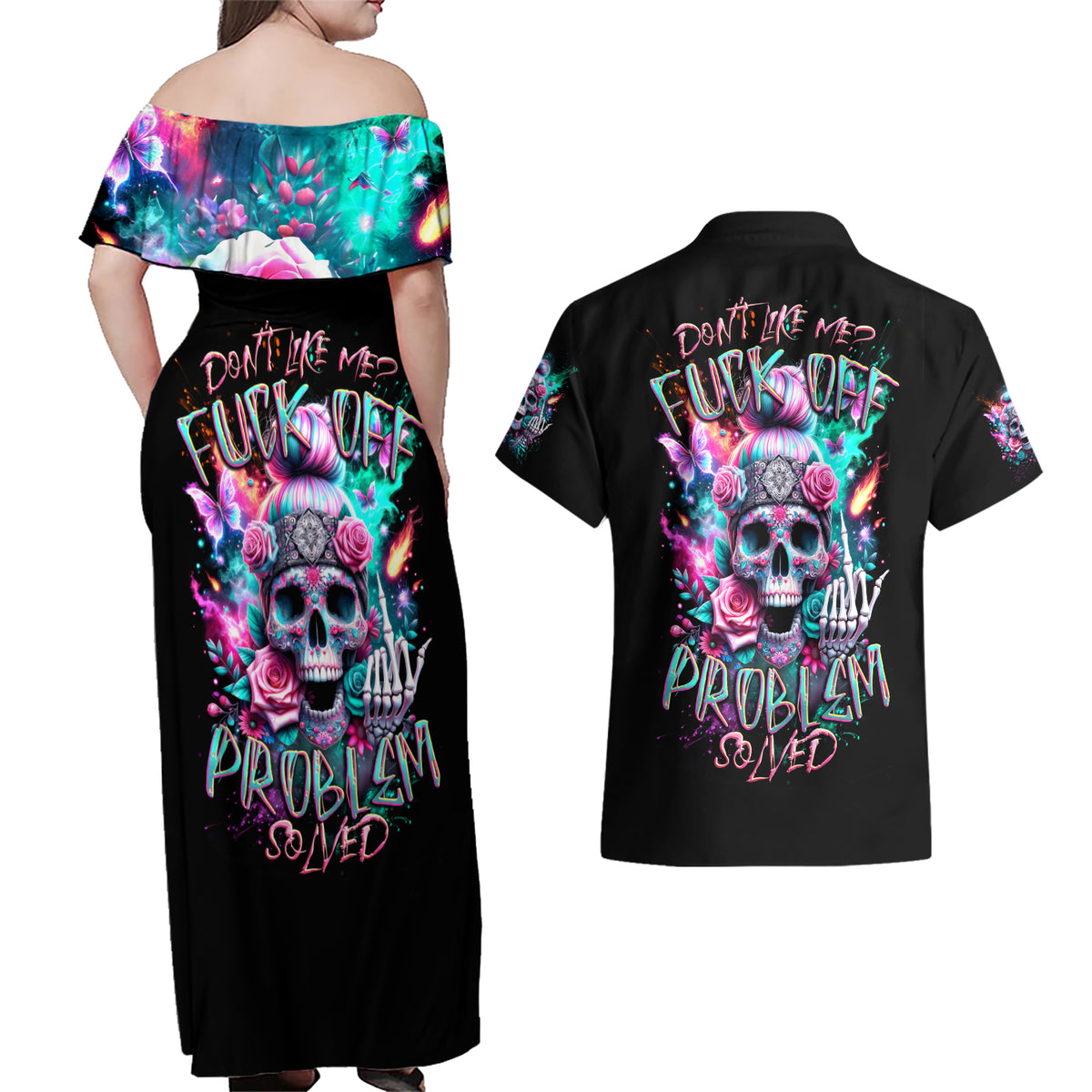 Rose Skull Couples Matching Off Shoulder Maxi Dress and Hawaiian Shirt Fuck Off Problem Solved - Wonder Print Shop