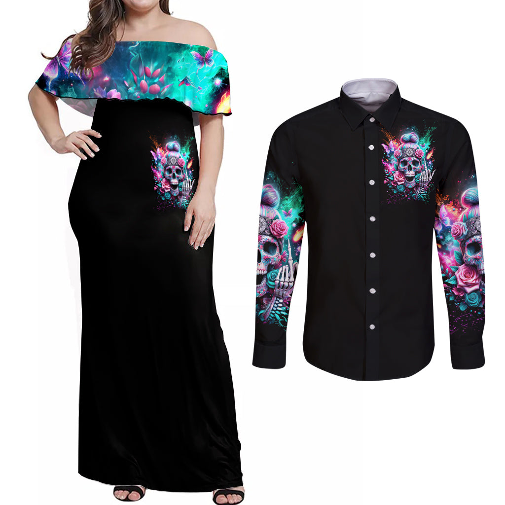 Rose Skull Couples Matching Off Shoulder Maxi Dress and Long Sleeve Button Shirt Fuck Off Problem Solved - Wonder Print Shop