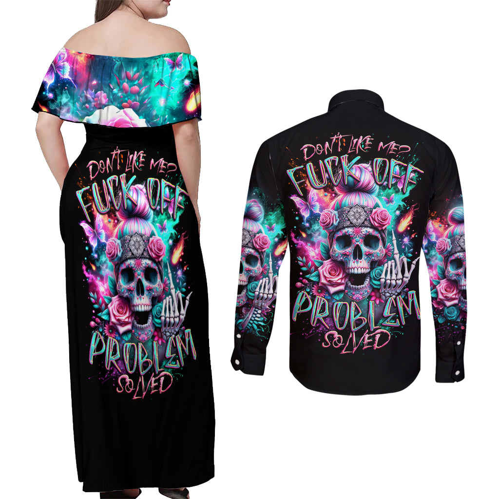 Rose Skull Couples Matching Off Shoulder Maxi Dress and Long Sleeve Button Shirt Fuck Off Problem Solved - Wonder Print Shop