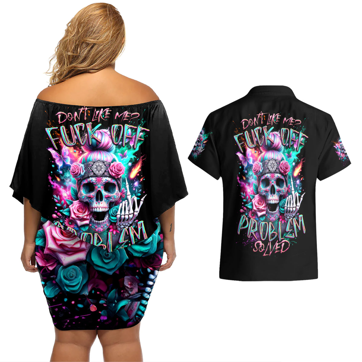 Rose Skull Couples Matching Off Shoulder Short Dress and Hawaiian Shirt Fuck Off Problem Solved - Wonder Print Shop
